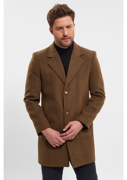 Erkek Taba Ceket Yaka Standart Fit Kaşe Kaban