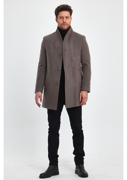 Erkek Slim Fit Şal Yaka Vizon Kaşe Kaban