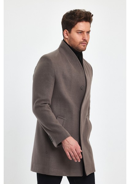 Erkek Slim Fit Şal Yaka Vizon Kaşe Kaban