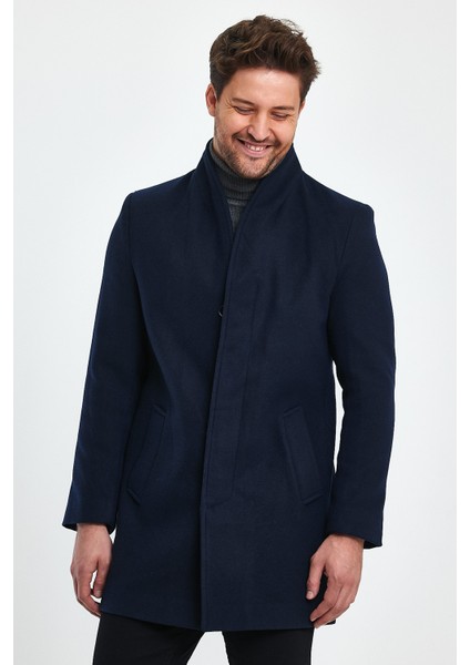 Erkek Slim Fit Lacivert Kaşe Kaban