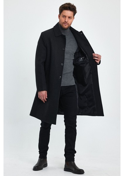 Erkek Antrasit Uzun Regular Fit Kaşe Kaban