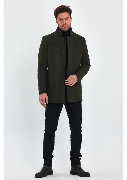 Erkek Yeşil Dar Kalıp Kaşe Kaban