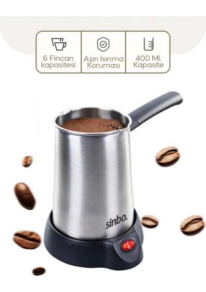 Çelik Elektrikli Cezve Türk Kahve Makinesi - 6FİNCAN=400ML Çift Yönlü Dökme Ağız 360 Derece Dönebilen Taban SCM-2958 (4887)