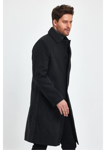 Erkek Antrasit Uzun Regular Fit Kaşe Kaban