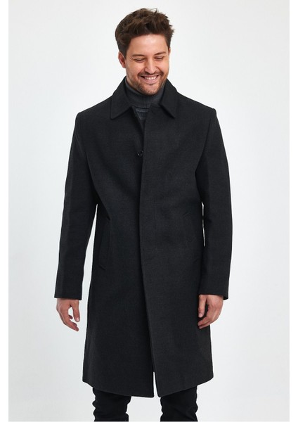 Erkek Antrasit Uzun Regular Fit Kaşe Kaban