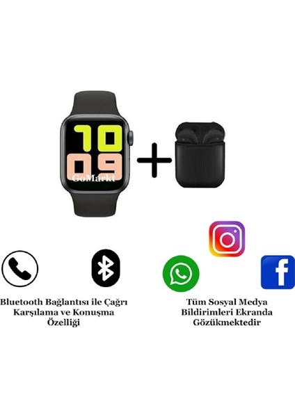 Akıllı Saat 6 Serisi ve I12 Bluetooth Kulaklık, Redmi Note 11 Pro Uyumlu, Siyah Renk