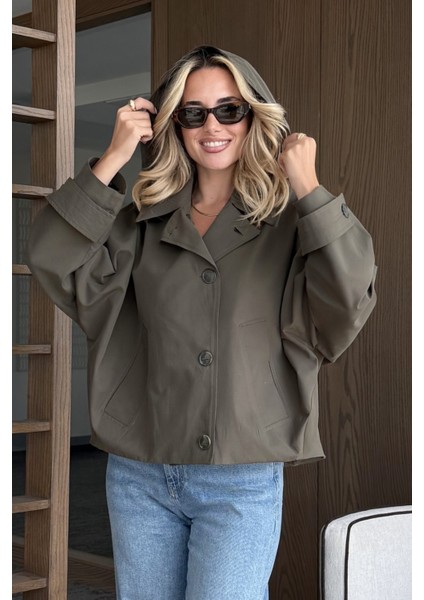 Haki Kapüşonlu Kısa Trençkot - 7003