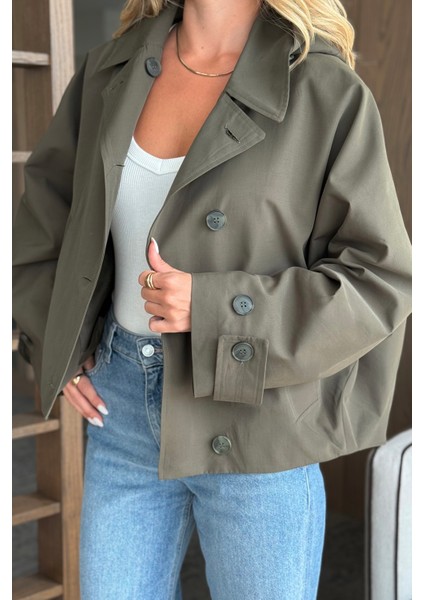 Haki Kapüşonlu Kısa Trençkot - 7003 fırsatları