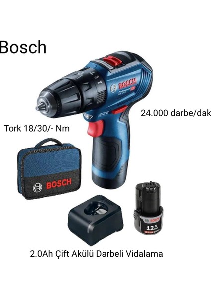 Gsb 12V-30 2.0AH Çift Akülü Darbeli Vidalama +43 Parça Vidalama Ucu + Lokma Anahtar Seti Hediye