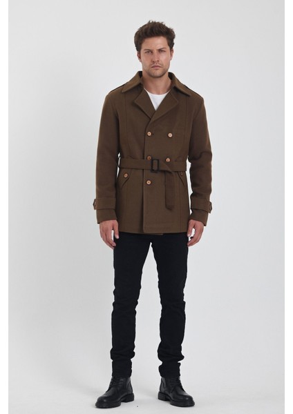 Erkek Kahverengi Kruvaze Yaka Dar Kalıp Kaşe Kaban