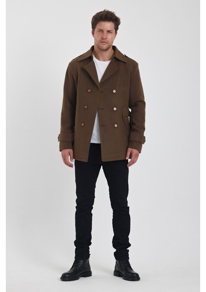 Erkek Kahverengi Kruvaze Yaka Dar Kalıp Kaşe Kaban fiyatları