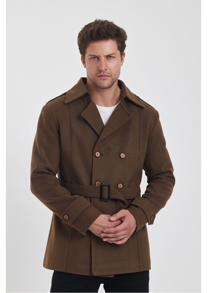 Erkek Kahverengi Kruvaze Yaka Dar Kalıp Kaşe Kaban indirimleri