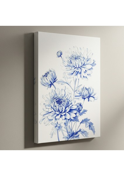 Mavi Tonlarda Krizantem Çiçeği Botanik Illüstrasyon Tablosu