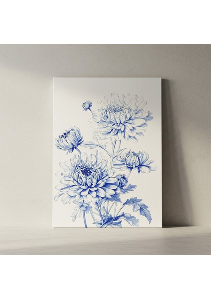 Mavi Tonlarda Krizantem Çiçeği Botanik Illüstrasyon Tablosu fiyatları
