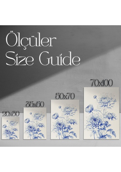 Mavi Tonlarda Krizantem Çiçeği Botanik Illüstrasyon Tablosu modelleri