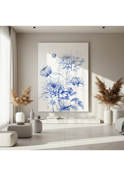 Mavi Tonlarda Krizantem Çiçeği Botanik Illüstrasyon Tablosu fırsatları