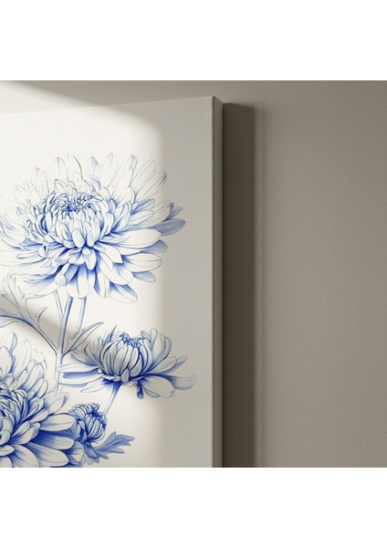 Mavi Tonlarda Krizantem Çiçeği Botanik Illüstrasyon Tablosu indirimleri