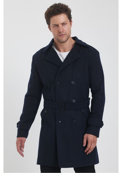 Erkek Lacivert Kruvaze Yaka Uzun Dar Kalıp Kaşe Kaban