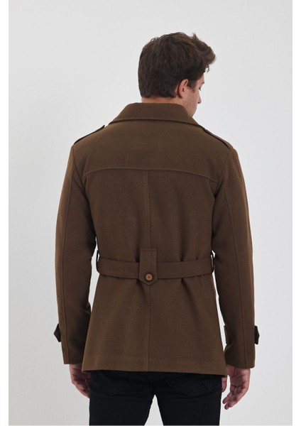 Erkek Kahverengi Kruvaze Yaka Dar Kalıp Kaşe Kaban