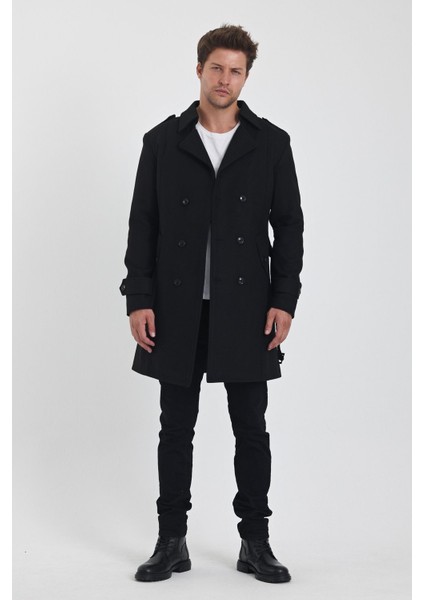 Erkek Siyah Kruvaze Yaka Uzun Dar Kalıp Kaşe Kaban fiyatları