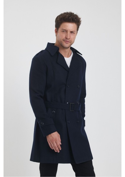 Erkek Lacivert Kruvaze Yaka Uzun Dar Kalıp Kaşe Kaban indirimleri