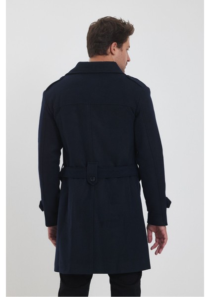 Erkek Lacivert Kruvaze Yaka Uzun Dar Kalıp Kaşe Kaban