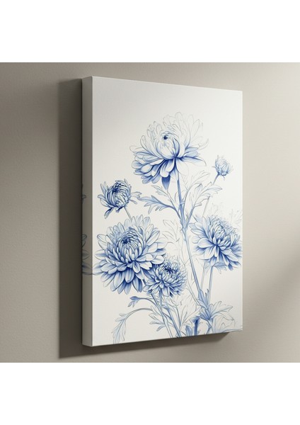 Mavi Tonlarda Çizim Tekniğiyle Gerçekçi Krizantem Çiçekleri Tablosu