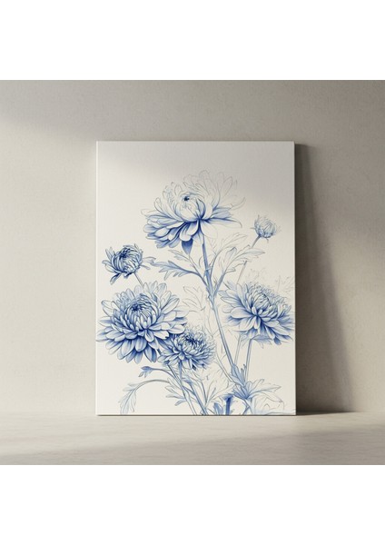 Mavi Tonlarda Çizim Tekniğiyle Gerçekçi Krizantem Çiçekleri Tablosu fiyatları