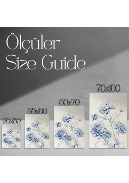 Mavi Tonlarda Çizim Tekniğiyle Gerçekçi Krizantem Çiçekleri Tablosu modelleri