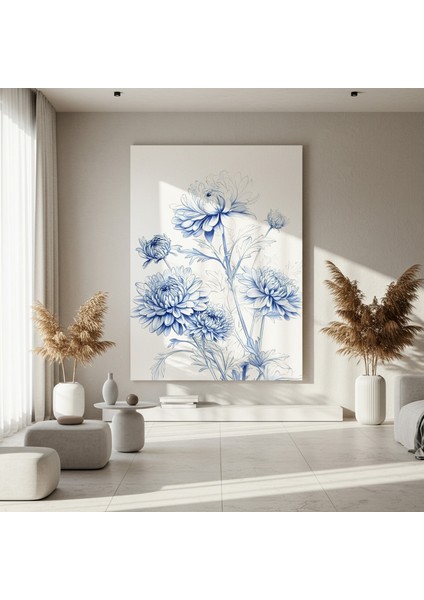 Mavi Tonlarda Çizim Tekniğiyle Gerçekçi Krizantem Çiçekleri Tablosu fırsatları