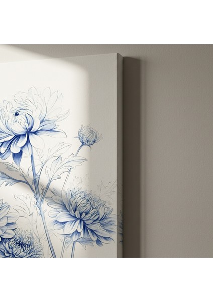 Mavi Tonlarda Çizim Tekniğiyle Gerçekçi Krizantem Çiçekleri Tablosu indirimleri