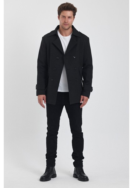 Erkek Antrasit Kruvaze Yaka Dar Kalıp Kaşe Kaban