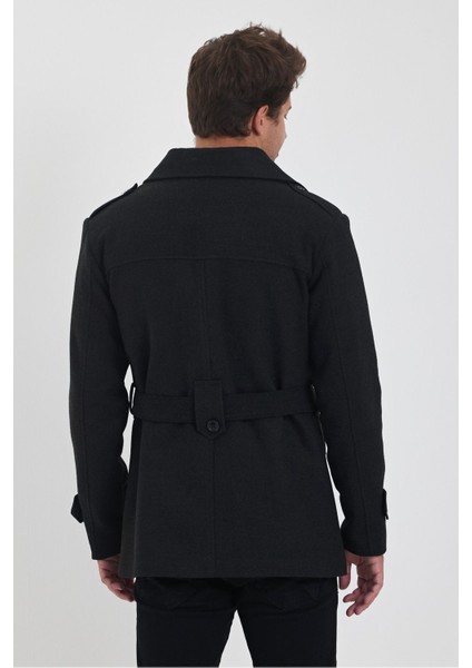 Erkek Antrasit Kruvaze Yaka Dar Kalıp Kaşe Kaban