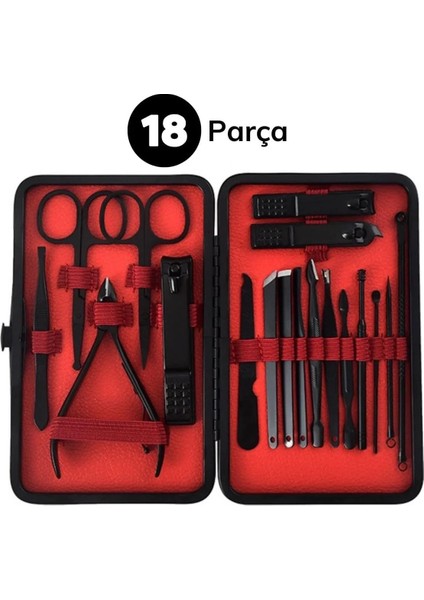 18 Parça Manikür Pedikür Set Kutusu Çelik Deri Çantalı Bakım Seti (4741)