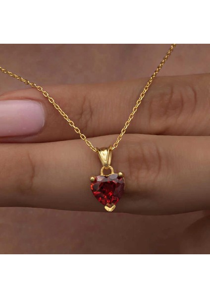 925 Ayar Gümüş Gold Kırmızı Taşlı Kalpli Kadın Kolye T8325 (7272)