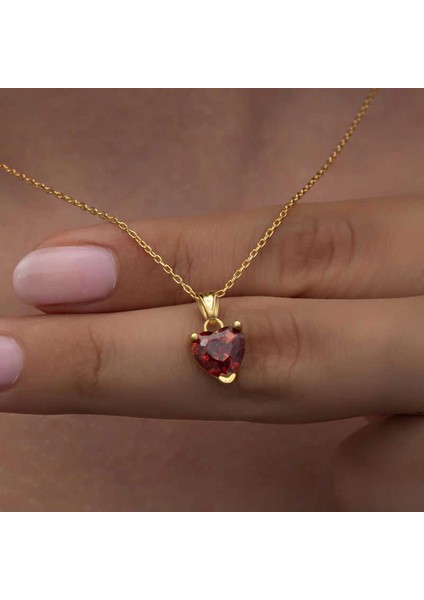 925 Ayar Gümüş Gold Kırmızı Taşlı Kalpli Kadın Kolye T8325 (7272) modelleri
