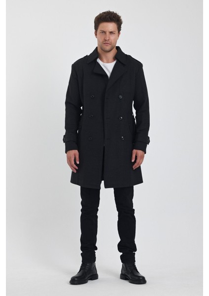 Erkek Antrasit Kruvaze Yaka Uzun Dar Kalıp Kaşe Kaban fiyatları