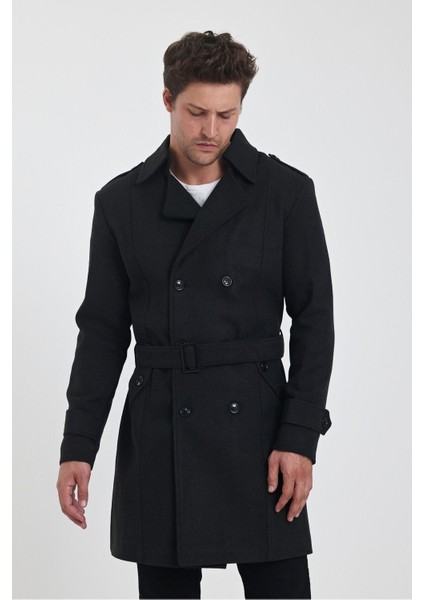 Erkek Antrasit Kruvaze Yaka Uzun Dar Kalıp Kaşe Kaban indirimleri