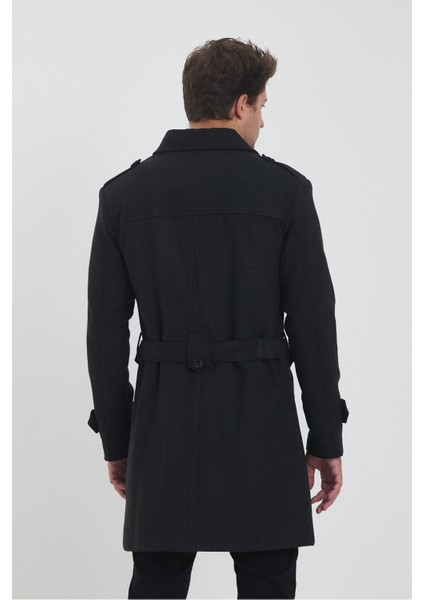 Erkek Antrasit Kruvaze Yaka Uzun Dar Kalıp Kaşe Kaban