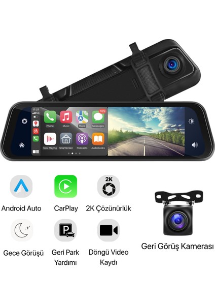 Akıllı Dokunmatik Dikiz Aynası | Multimedya Ekranı | Ön ve Arka Kamera | Carplay & Android Auto | Park Yardımı