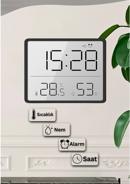 Dijital Oda Termometre Sıcaklık ve Nem Ölçer Masa Saati Alarm LCD Ekran Duvara Takılır Siyah