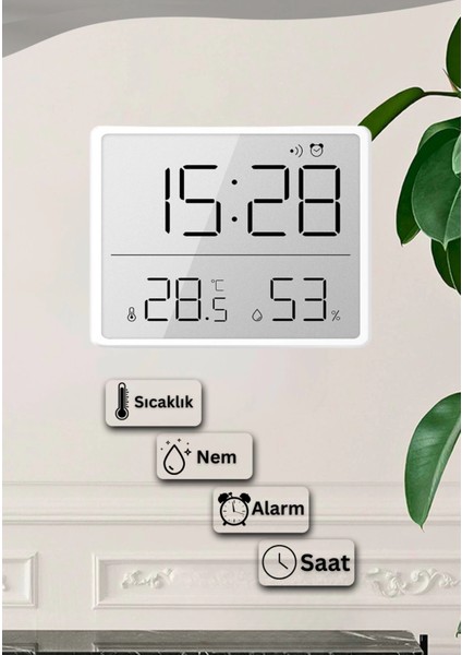 Dijital Oda Termometre Sıcaklık ve Nem Ölçer Masa Saati Alarm LCD Ekran Duvara Takılır Beyaz