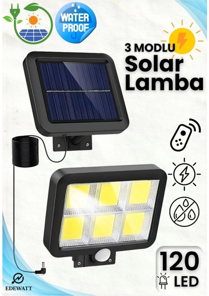 120 LED Ayrı Solar Panel Güneş Enerjili 3 Mod Duvar Lambası 5 Metre Kablolu Bahçe Solar Aydınlatma