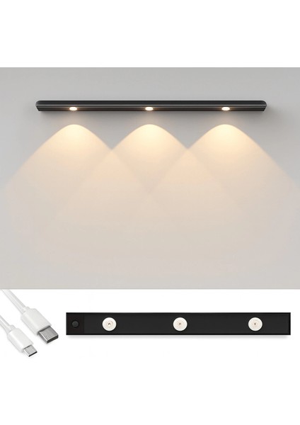 LED Sensörlü Şarjlı Dekoratif Lambası Mutfak-Gece Mıknatıslı 3 Farklı Işık Renk 40CM Siyah Şerit LED