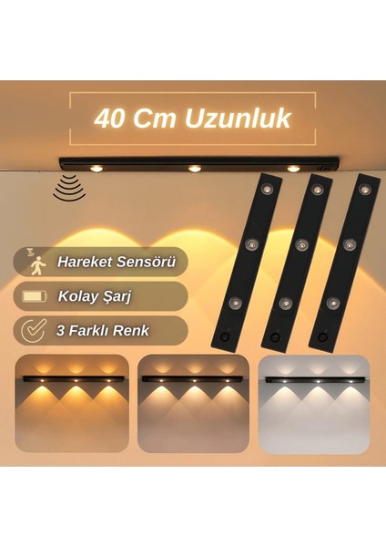 LED Sensörlü Şarjlı Dekoratif Lambası Mutfak-Gece Mıknatıslı 3 Farklı Işık Renk 40CM Siyah Şerit LED fiyatları