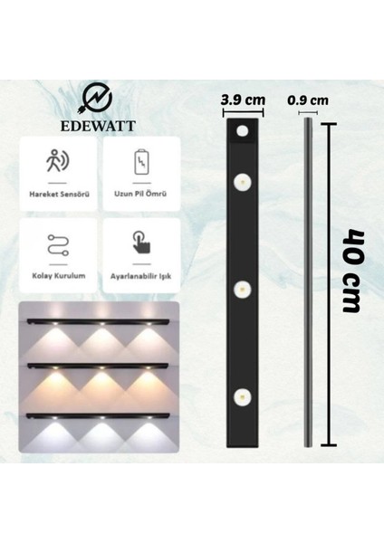 LED Sensörlü Şarjlı Dekoratif Lambası Mutfak-Gece Mıknatıslı 3 Farklı Işık Renk 40CM Siyah Şerit LED indirimleri