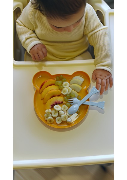 Sarı Bebek Çocuk Alıştırma, Atıştırma Mama Tabağı Çatal Kaşık