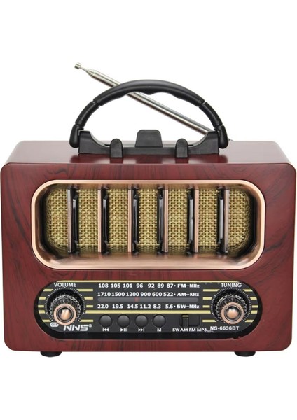 ® Orta Boy Retro Ahşap Tasarım Bluetooth Hoparlörlü Radyo – Fm/am Destekli, Şarjlı ve Taşınabiliri Radyo NS-6636