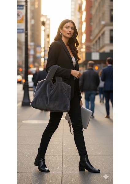 Grey Laptop Tote / Kadın Peluş Toscana Bilgisayar Çantası 42X34 Sap 65 cm