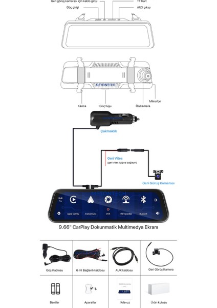 Akıllı Dokunmatik Dikiz Aynası | Multimedya Ekranı | Ön ve Arka Kamera | Carplay & Android Auto | Park Yardımı